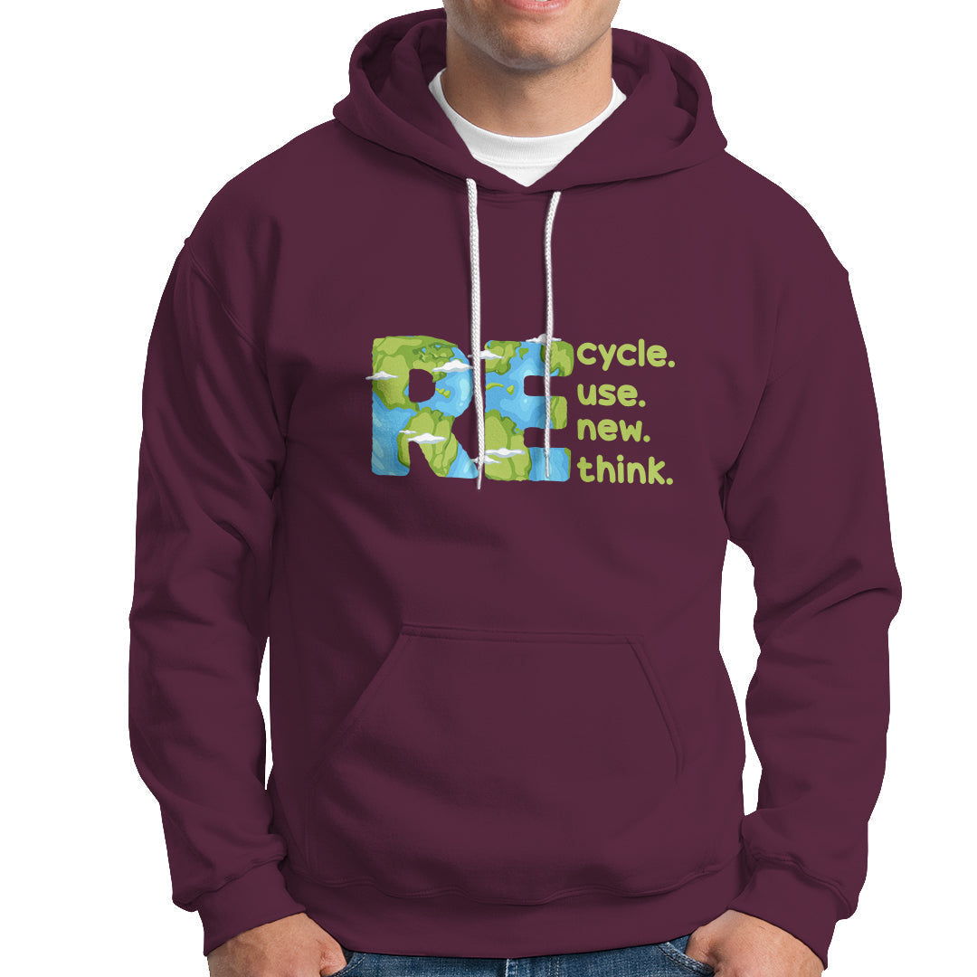 Maroon pullover hoodie with front kangaroo pocket, drawstring hood, and recycle graphic.