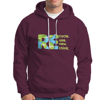 Maroon pullover hoodie with front kangaroo pocket, drawstring hood, and recycle graphic.