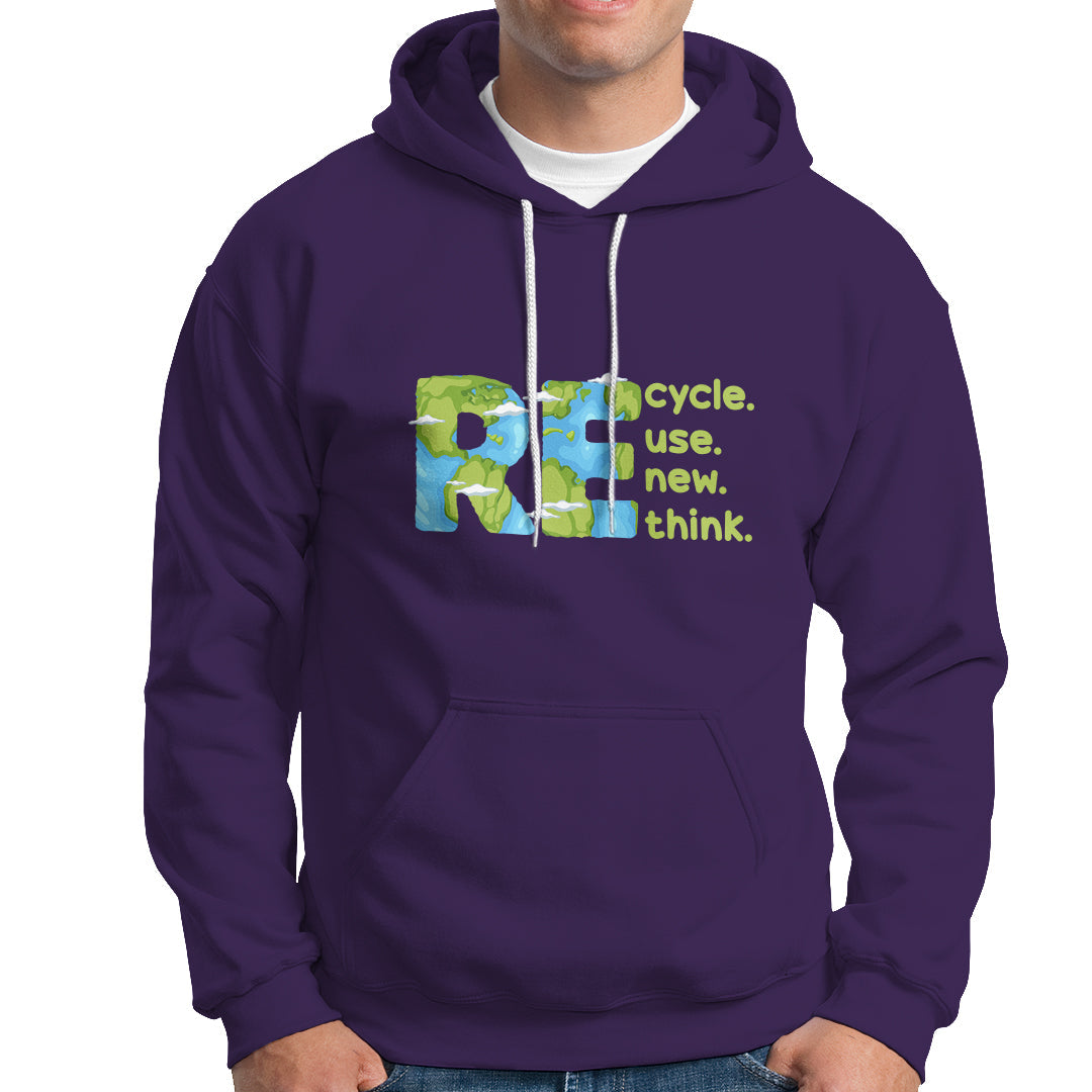 Purple pullover hoodie with front kangaroo pocket, drawstring hood, and recycle graphic.