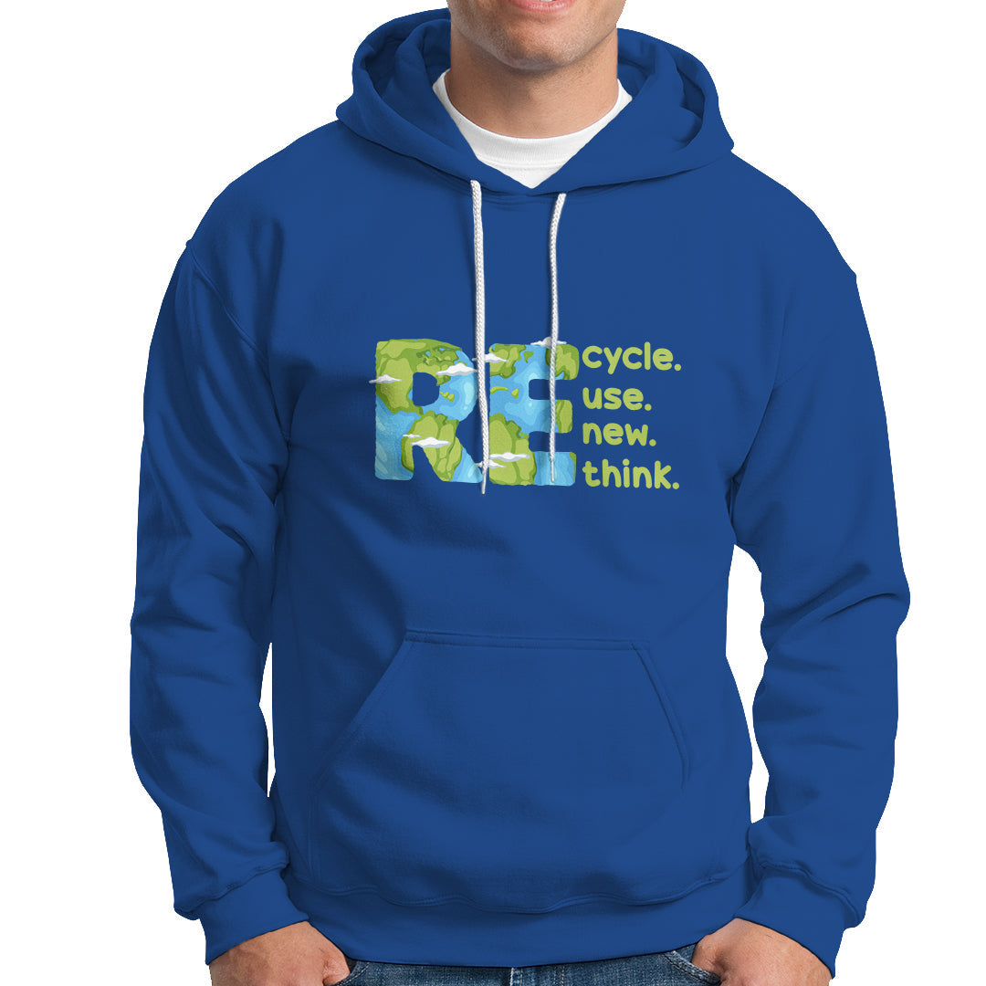 Royal blue pullover hoodie with front kangaroo pocket, drawstring hood, and recycle graphic.