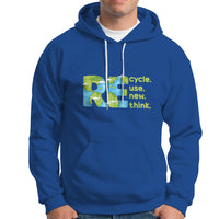 Royal blue pullover hoodie with front kangaroo pocket, drawstring hood, and recycle graphic.