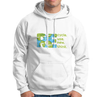 White pullover hoodie with front kangaroo pocket, drawstring hood, and recycle graphic.
