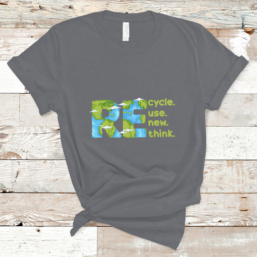 Charcoal gray crew-neck T-shirt with colorful recycle, use new, think graphic on front.
