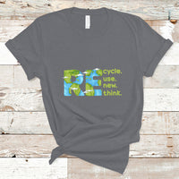 Charcoal gray crew-neck T-shirt with colorful recycle, use new, think graphic on front.