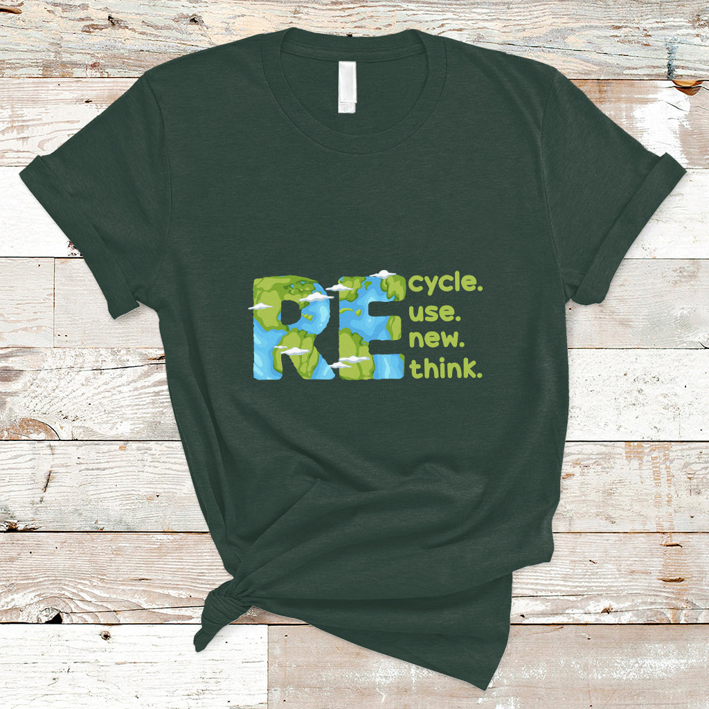 Dark forest green crew-neck T-shirt with colorful recycle, use new, think graphic on front.