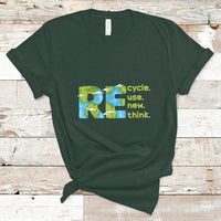 Dark forest green crew-neck T-shirt with colorful recycle, use new, think graphic on front.