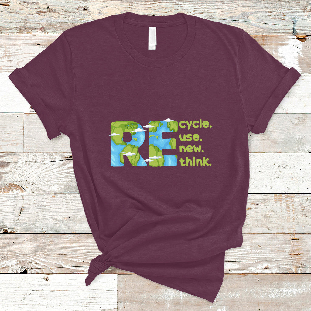 Maroon crew-neck T-shirt with colorful recycle, use new, think graphic on front.