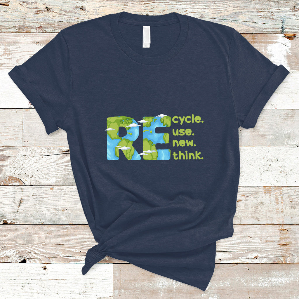 Navy crew-neck T-shirt with colorful recycle, use new, think graphic on front.