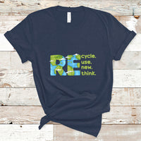 Navy crew-neck T-shirt with colorful recycle, use new, think graphic on front.