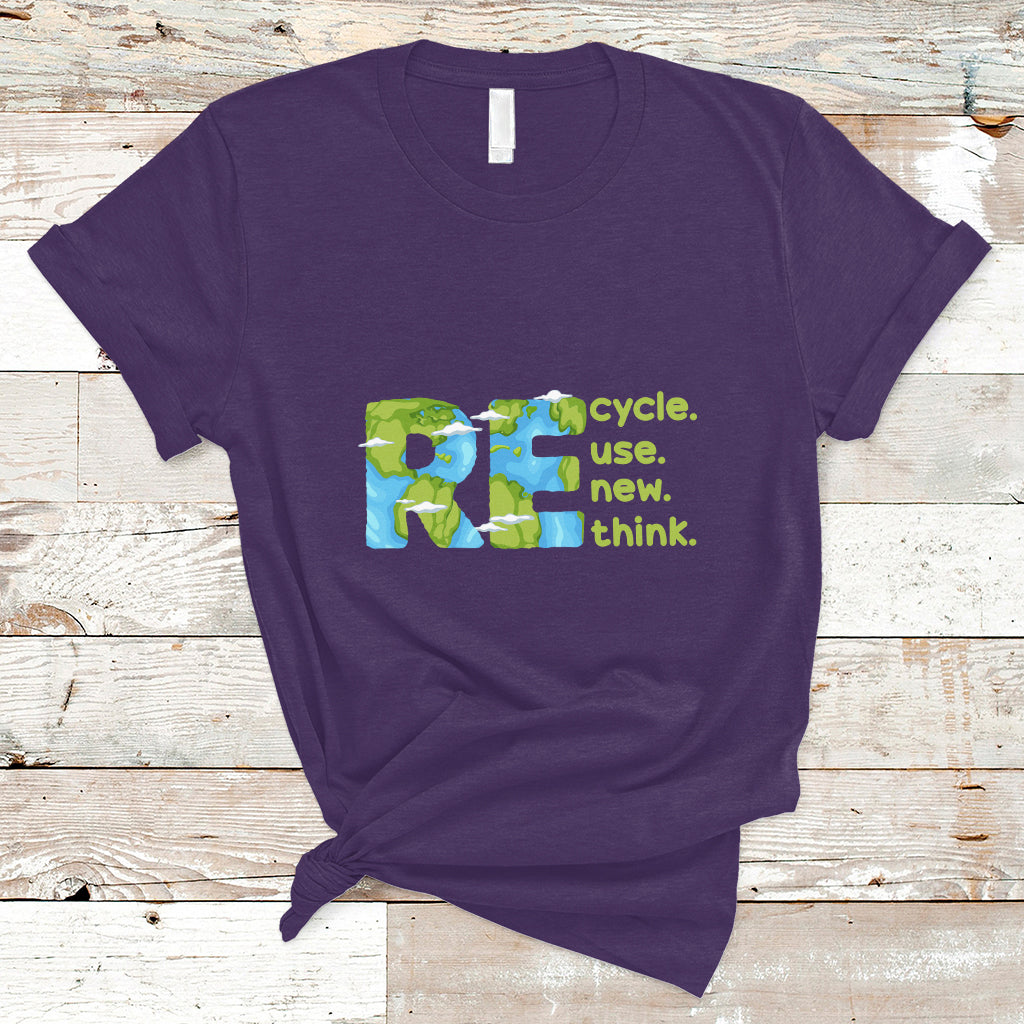 Purple crew-neck T-shirt with colorful recycle, use new, think graphic on front.