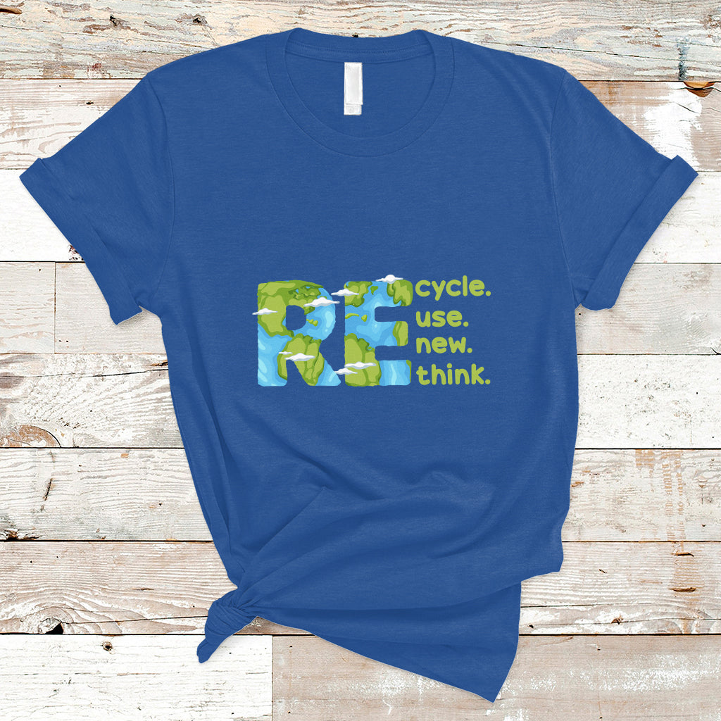 Royal blue crew-neck T-shirt with colorful recycle, use new, think graphic on front.