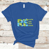Royal blue crew-neck T-shirt with colorful recycle, use new, think graphic on front.