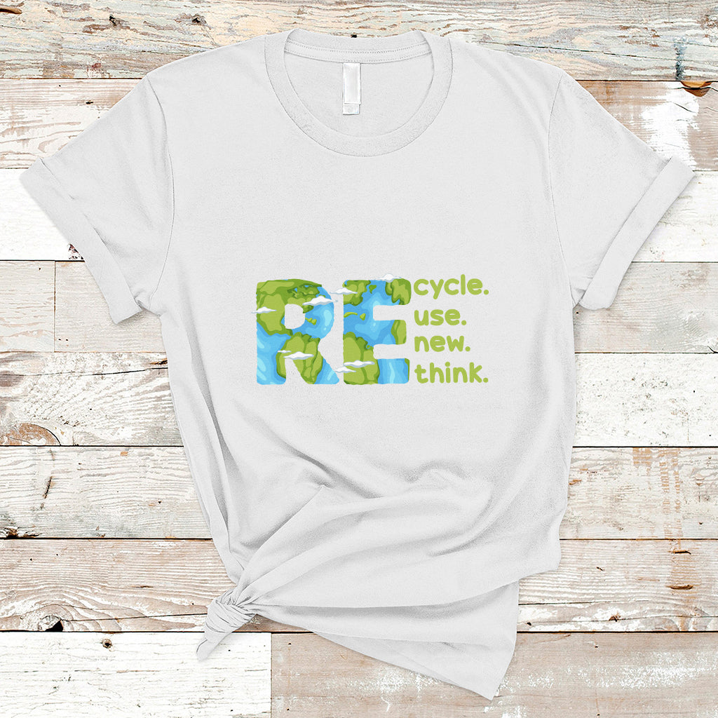 White crew-neck T-shirt with colorful recycle, use new, think graphic on front.