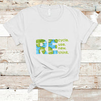White crew-neck T-shirt with colorful recycle, use new, think graphic on front.