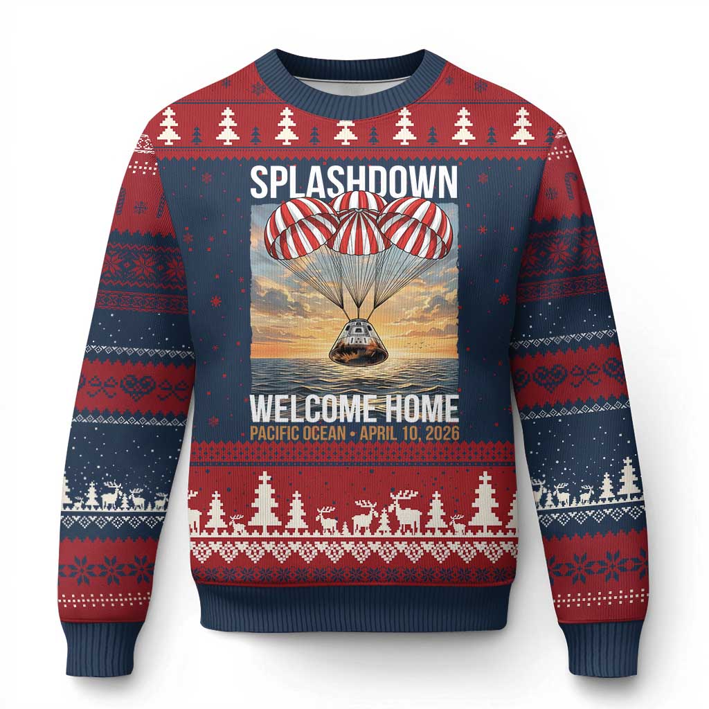 2026 Lunar Mission Splashdown Welcome Home Ugly Christmas Sweater Pacific Ocean April 10 Vintage Capsule Recovery Graphic