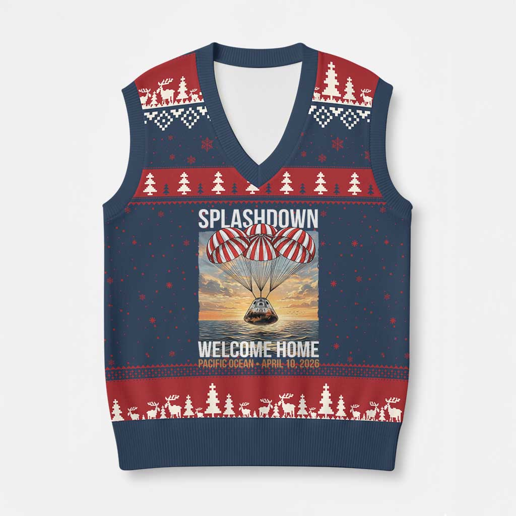 2026 Lunar Mission Splashdown Welcome Home V-Neck Knit Sweater Vest Pacific Ocean April 10 Vintage Capsule Recovery Graphic