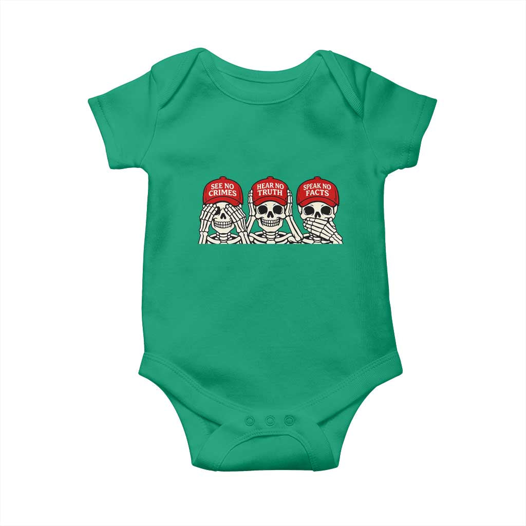See No Crimes Hear No Truth Speak No Facts Skeletons Baby Onesie Political Satire Three Wise Monkeys Graphic