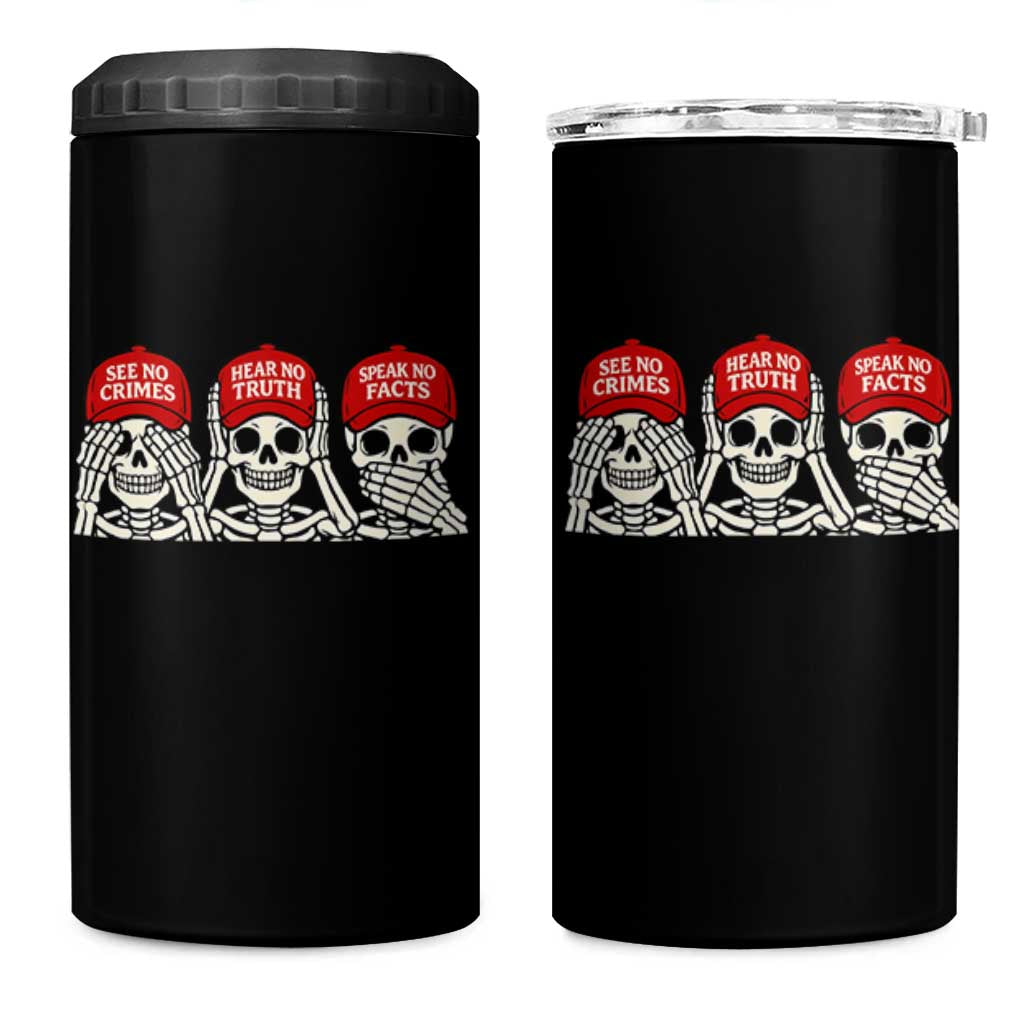 See No Crimes Hear No Truth Speak No Facts Skeletons 4 in 1 Can Cooler Tumbler Political Satire Three Wise Monkeys Graphic