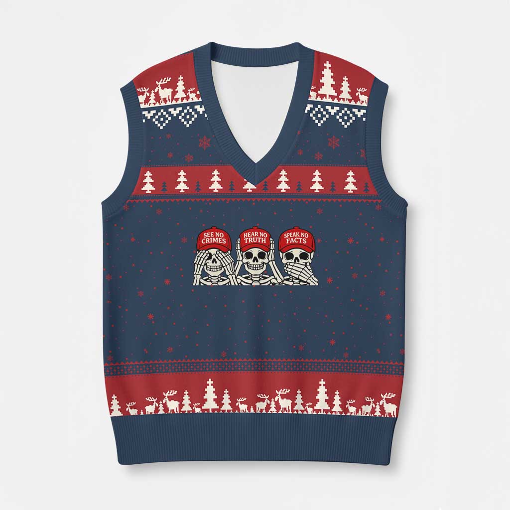 See No Crimes Hear No Truth Speak No Facts Skeletons V-Neck Knit Sweater Vest Political Satire Three Wise Monkeys Graphic