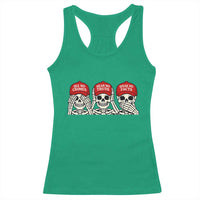 See No Crimes Hear No Truth Speak No Facts Skeletons Racerback Tank Top Political Satire Three Wise Monkeys Graphic