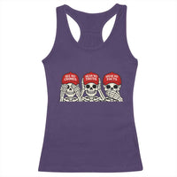 See No Crimes Hear No Truth Speak No Facts Skeletons Racerback Tank Top Political Satire Three Wise Monkeys Graphic