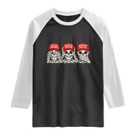See No Crimes Hear No Truth Speak No Facts Skeletons Raglan Shirt Political Satire Three Wise Monkeys Graphic