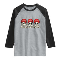 See No Crimes Hear No Truth Speak No Facts Skeletons Raglan Shirt Political Satire Three Wise Monkeys Graphic