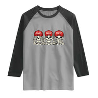 See No Crimes Hear No Truth Speak No Facts Skeletons Raglan Shirt Political Satire Three Wise Monkeys Graphic