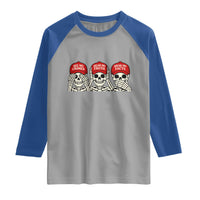 See No Crimes Hear No Truth Speak No Facts Skeletons Raglan Shirt Political Satire Three Wise Monkeys Graphic
