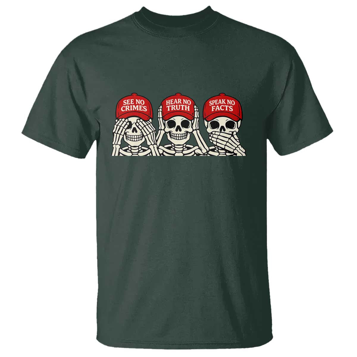 See No Crimes Hear No Truth Speak No Facts Skeletons T Shirt Political Satire Three Wise Monkeys Graphic