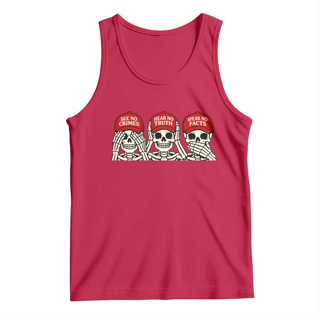 See No Crimes Hear No Truth Speak No Facts Skeletons Tank Top Political Satire Three Wise Monkeys Graphic