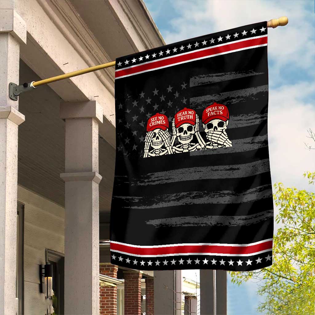See No Crimes Hear No Truth Speak No Facts Skeletons Garden Flag Political Satire Three Wise Monkeys Graphic