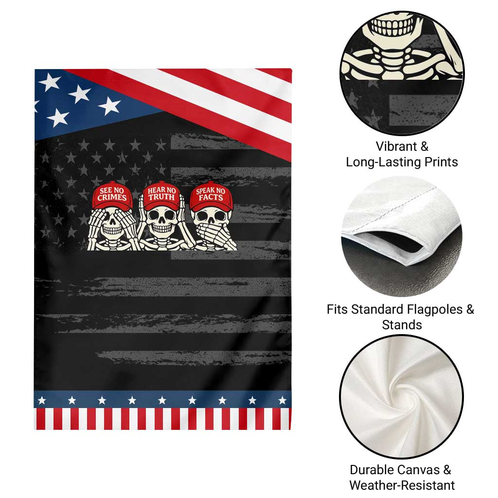 See No Crimes Hear No Truth Speak No Facts Skeletons Garden Flag Political Satire Three Wise Monkeys Graphic