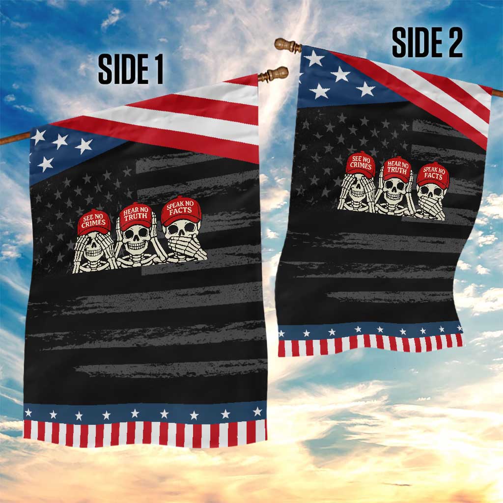 See No Crimes Hear No Truth Speak No Facts Skeletons Garden Flag Political Satire Three Wise Monkeys Graphic