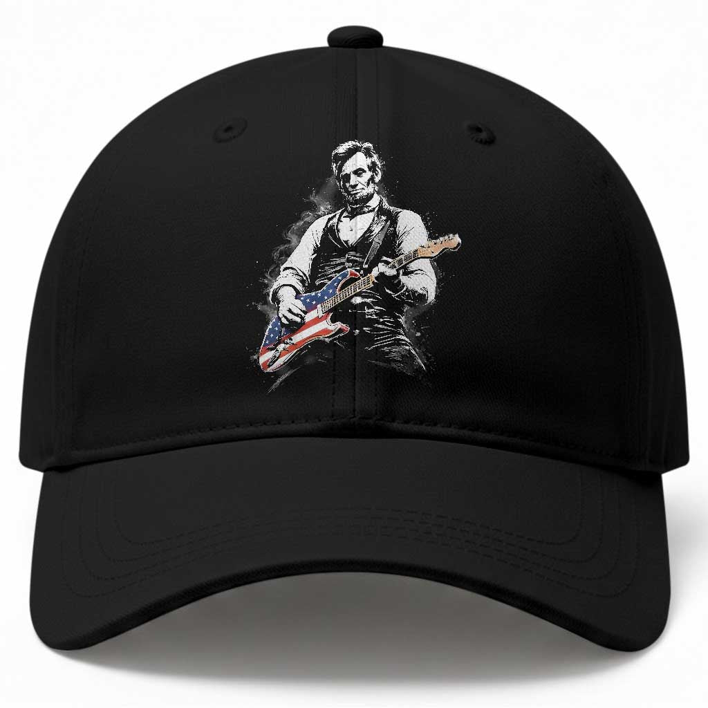 Rockin Abe Abraham Lincoln Playing Electric Guitar Baseball Cap Patriotic Music Rocker Mashup 4th of July Celebration