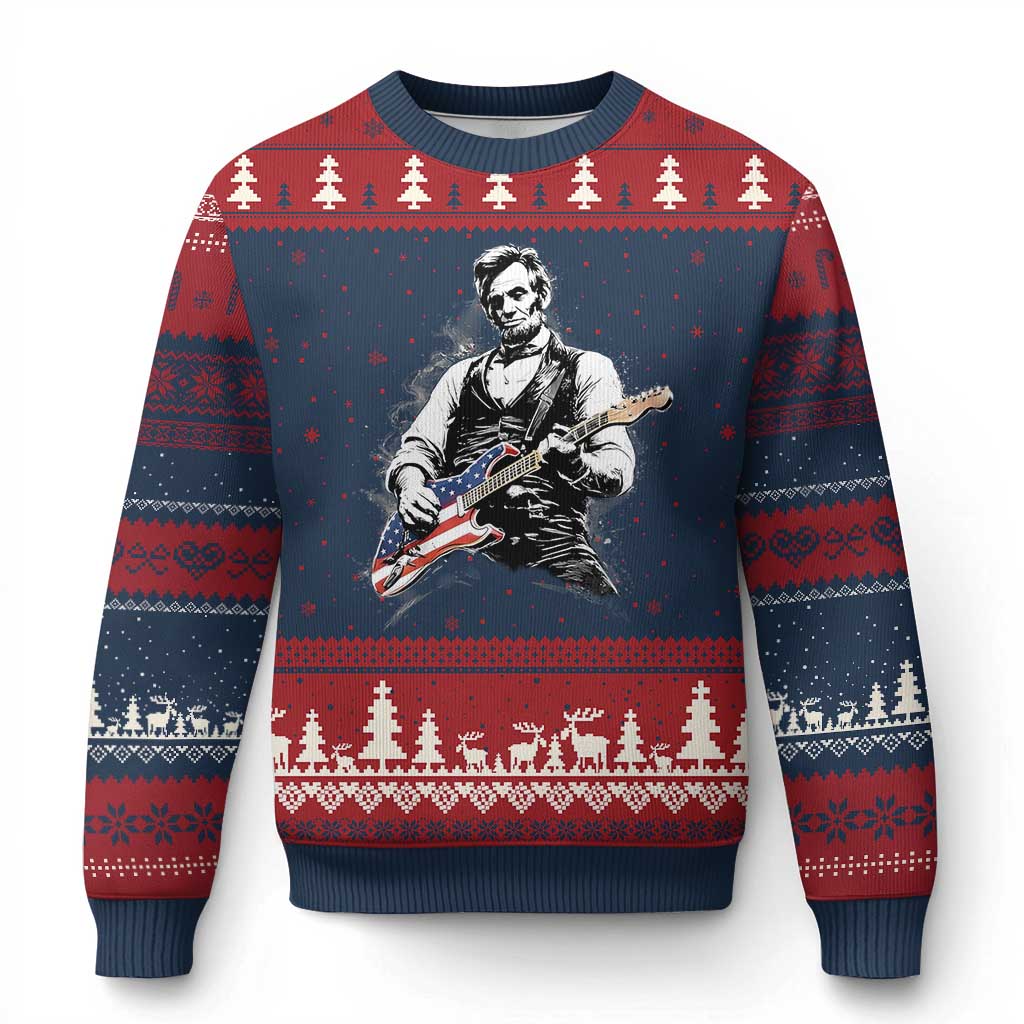 Rockin Abe Abraham Lincoln Playing Electric Guitar Ugly Christmas Sweater Patriotic Music Rocker Mashup 4th of July Celebration