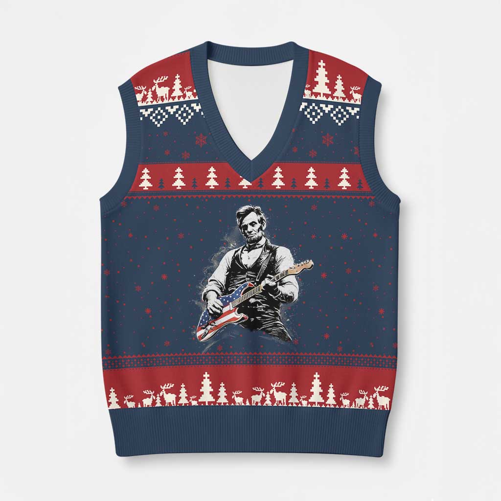 Rockin Abe Abraham Lincoln Playing Electric Guitar V-Neck Knit Sweater Vest Patriotic Music Rocker Mashup 4th of July Celebration