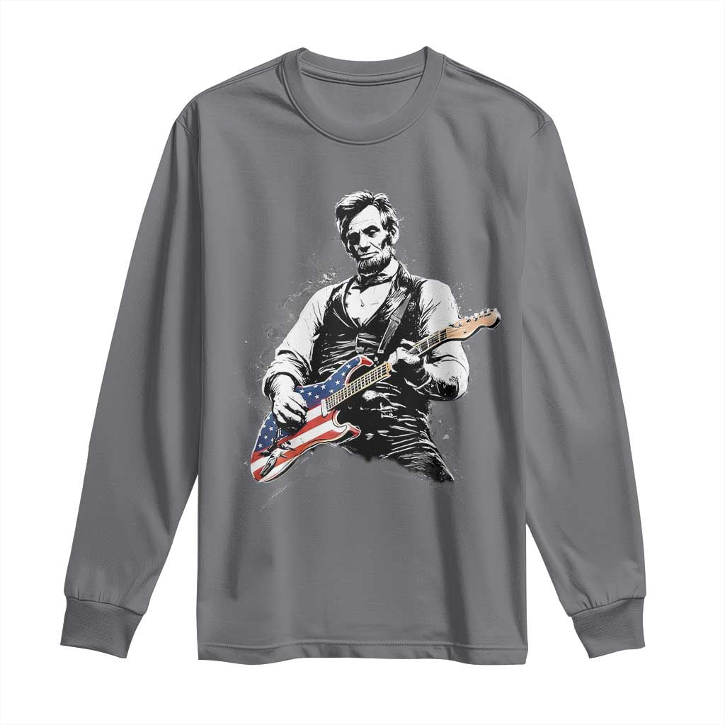 Rockin Abe Abraham Lincoln Playing Electric Guitar Long Sleeve Shirt Patriotic Music Rocker Mashup 4th of July Celebration