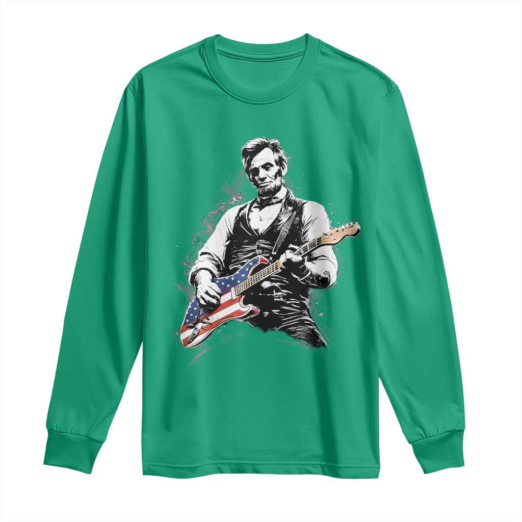 Rockin Abe Abraham Lincoln Playing Electric Guitar Long Sleeve Shirt Patriotic Music Rocker Mashup 4th of July Celebration