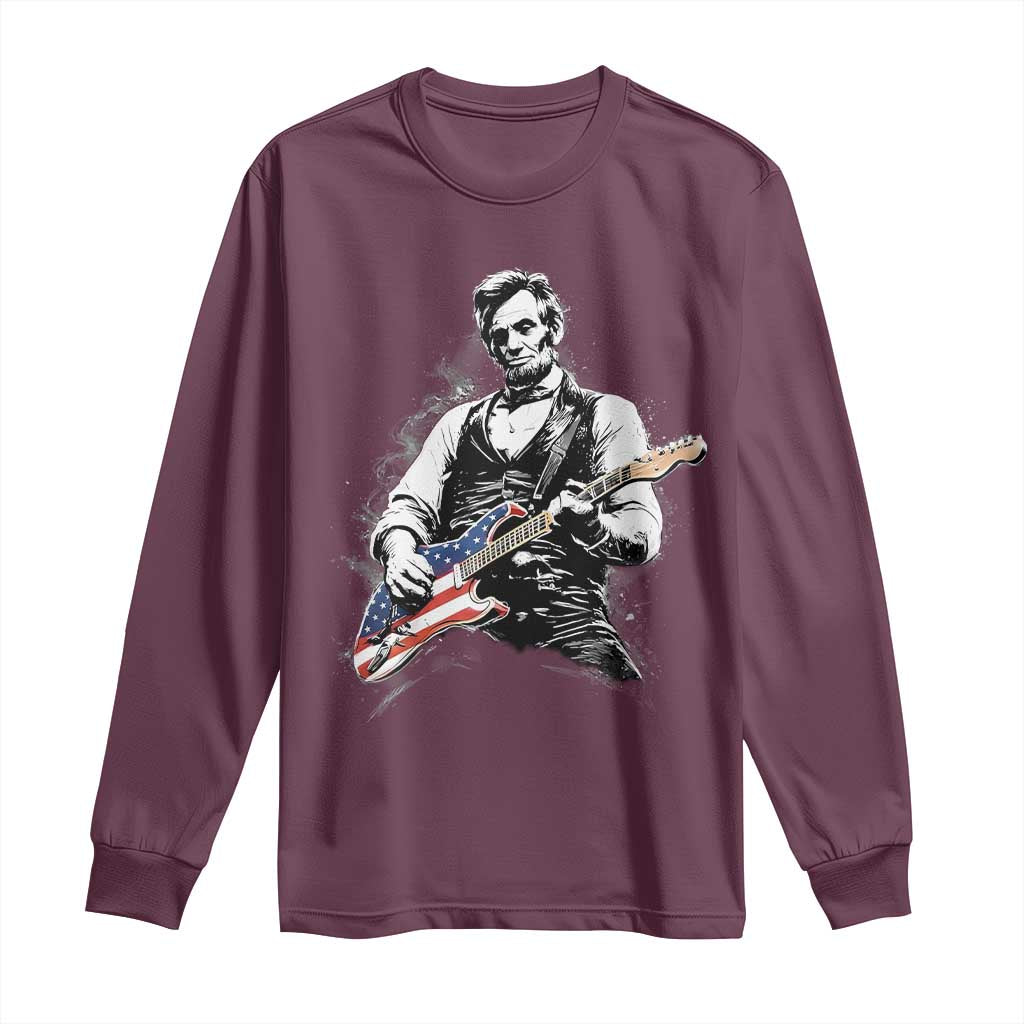 Rockin Abe Abraham Lincoln Playing Electric Guitar Long Sleeve Shirt Patriotic Music Rocker Mashup 4th of July Celebration