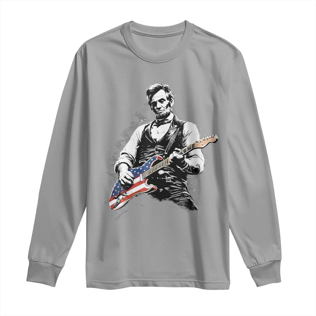 Rockin Abe Abraham Lincoln Playing Electric Guitar Long Sleeve Shirt Patriotic Music Rocker Mashup 4th of July Celebration