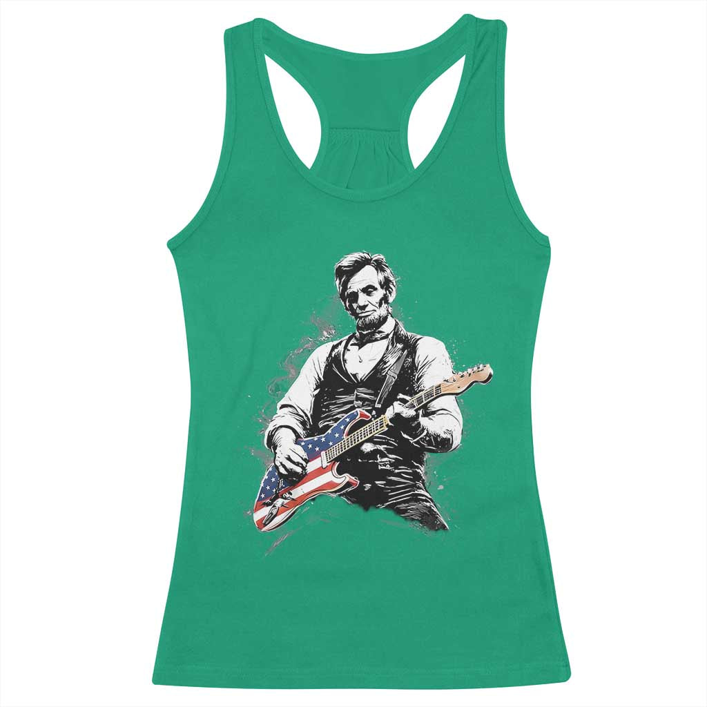 Rockin Abe Abraham Lincoln Playing Electric Guitar Racerback Tank Top Patriotic Music Rocker Mashup 4th of July Celebration