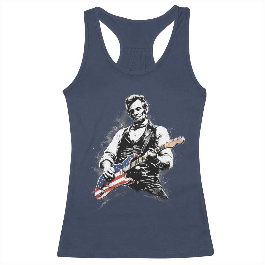 Rockin Abe Abraham Lincoln Playing Electric Guitar Racerback Tank Top Patriotic Music Rocker Mashup 4th of July Celebration