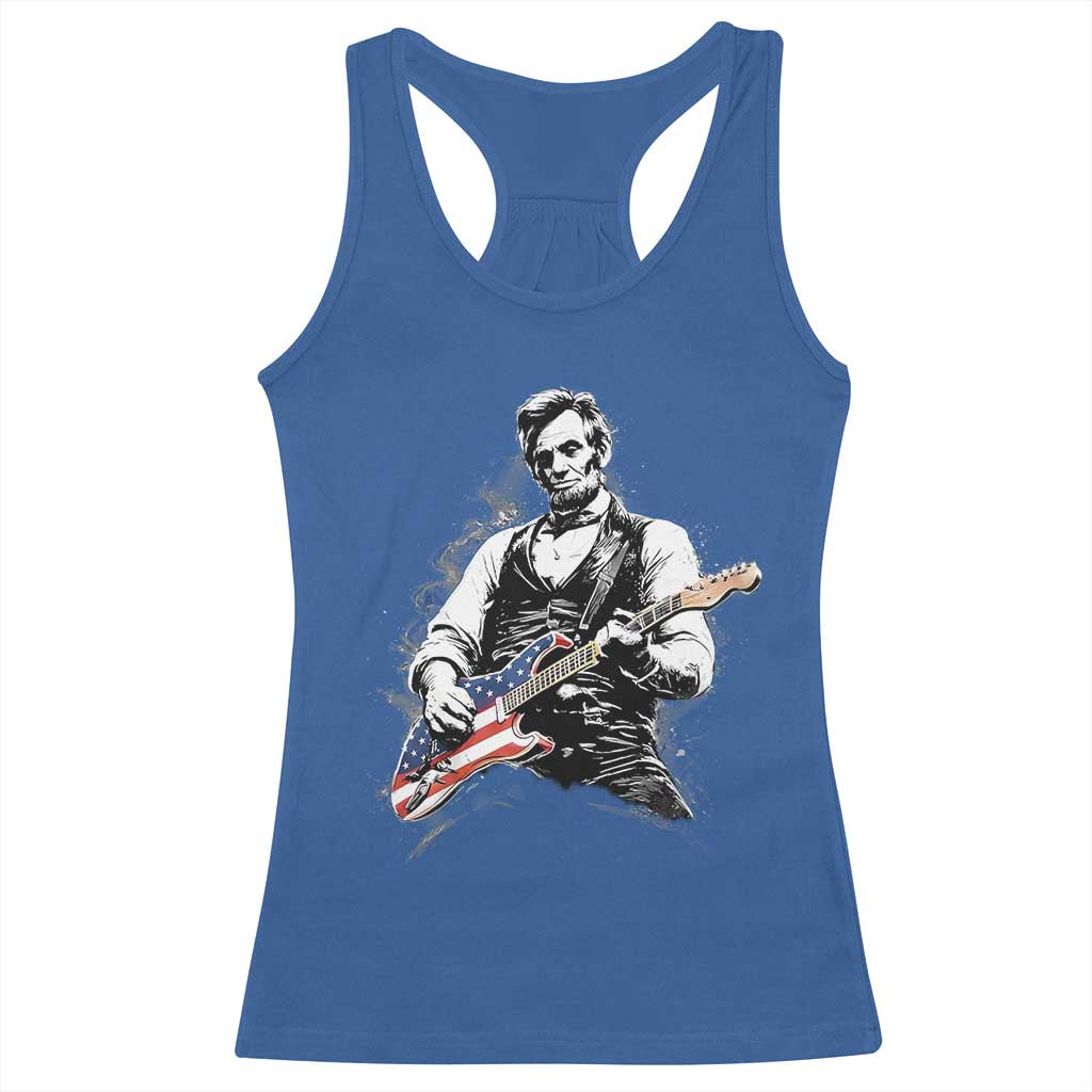 Rockin Abe Abraham Lincoln Playing Electric Guitar Racerback Tank Top Patriotic Music Rocker Mashup 4th of July Celebration