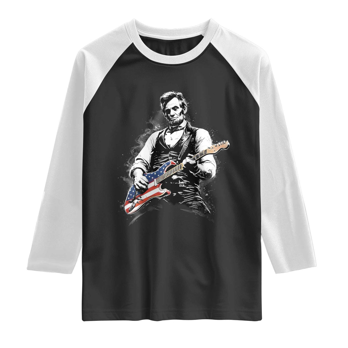 Rockin Abe Abraham Lincoln Playing Electric Guitar Raglan Shirt Patriotic Music Rocker Mashup 4th of July Celebration