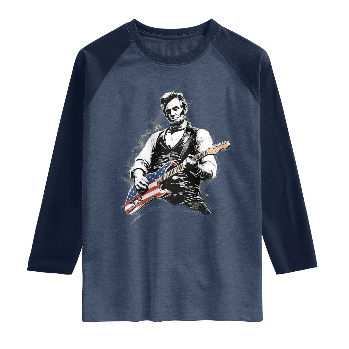 Rockin Abe Abraham Lincoln Playing Electric Guitar Raglan Shirt Patriotic Music Rocker Mashup 4th of July Celebration