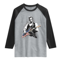 Rockin Abe Abraham Lincoln Playing Electric Guitar Raglan Shirt Patriotic Music Rocker Mashup 4th of July Celebration