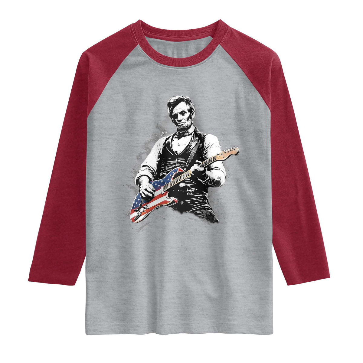 Rockin Abe Abraham Lincoln Playing Electric Guitar Raglan Shirt Patriotic Music Rocker Mashup 4th of July Celebration