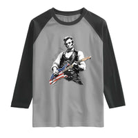 Rockin Abe Abraham Lincoln Playing Electric Guitar Raglan Shirt Patriotic Music Rocker Mashup 4th of July Celebration