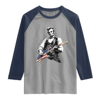 Rockin Abe Abraham Lincoln Playing Electric Guitar Raglan Shirt Patriotic Music Rocker Mashup 4th of July Celebration